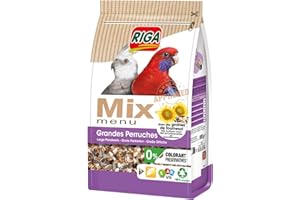Riga - Menu Mix Grandes Perruches - Mix Vitaminé - Nourriture Oiseaux - Graines - Oligo-Eléments Et Coquilles De Mer Concassées - Croissance Et Brillance Plumage - 0% Colorant/Conservateurs - 900 g