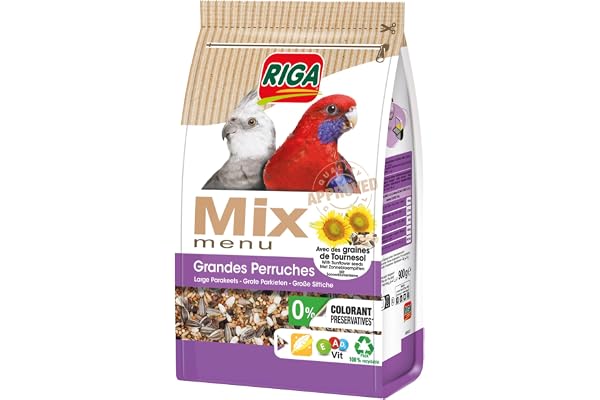 Riga - Menu Mix Grandes Perruches - Mix Vitaminé - Nourriture Oiseaux - Graines - Oligo-Eléments Et Coquilles De Mer Concassées - Croissance Et Brillance Plumage - 0% Colorant/Conservateurs - 900 g