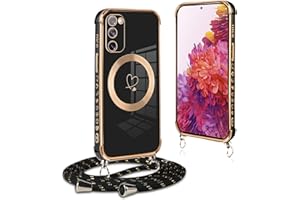 Pnakqil Funda Magnética para Samsung Galaxy S20 FE 5G con Cuerda, Compatible con MagSafe, TPU Suave Silicona Love-Heart Patrón Carcasa con Collar Correa para Samsung S20 FE 5G, AntiChoque Cover-Negro