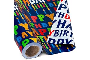 Wikadlik Rotolo di carta da regalo reversibile per compleanno, 43 cm x 10 m, con scritta "Happy Birthday", colore blu navy, per feste, baby shower, vacanze