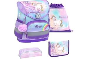 Belmil ergonomischer Schulranzen Set 4 -teilig für Mädchen 1-4 Klasse Grundschule/Brustgurt/Magnetverschluss (405-41 Rainbow Unicorn Magic)