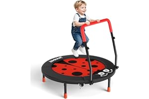 JOY SPOT! Ladybug Trampolin Kinder Indoor, Ø 91cm Mini Trampolin mit Haltegriff, Faltbare Rebounder mit geräuscharme Sprungmatte, sicher & stabil, Gartentrampolin Outdoor für Kleinkind 3-8 Jahre