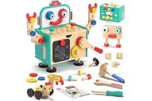 Lehoo Castle Drewniany zestaw narzędzi dla dzieci – zabawki edukacyjne Montessori dla 2 lat, skrzynka narzędziowa dla maluchów, ławka z tablicą, zabawka edukacyjna, prezent dla chłopców i dziewcząt w