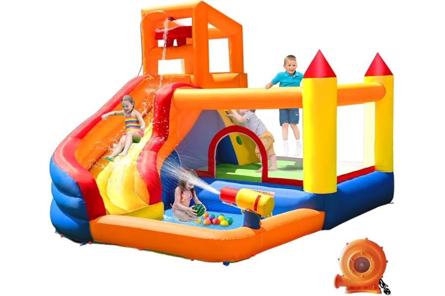 Ballsea Bouncy Castle, Inflatable Trampoline Bounce House with Long Slide, Climbing Wall, Ball Pit, Cannon, Bucket Dump for Kids Indoor Outdoor