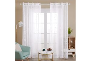 Deconovo Lot de 2 Rideaux Voilages Blanc Oeillet Broderie Motif 140x229 Rideaux et Voilages Salon Chambre