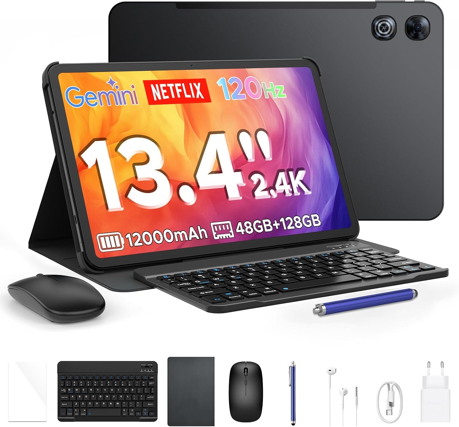 P13 Tablet Android 16, Tablet 13 Pulgadas, Gemini AI, 48GB RAM+128GB ROM/2 TF, 12000mAh/18W, IPS 2.4K, 120Hz, T7280 Octa-Core, 16MP, Face ID, 5G WiFi, GPS, OTG, Tablet con Teclado y Lapiz, Negro