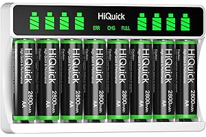HiQuick 8-slot AA AAA LCD Battery Charger, 5V 2A Type C Input, with 8 x 2800mAh AA NI-MH Rechargeable Batteries, Battery and Charger Set