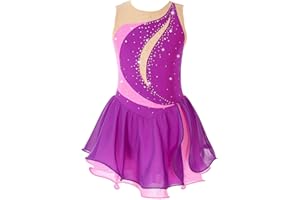 TiaoBug Maillot de Patinaje Artístico para Niñas Competición Vestido Lentejuelas de Baile Leotardo con Falda Tul Body Ballet Disfraz de Baile Actuación