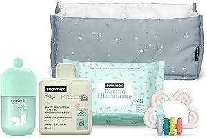 Suavinex, Regalo Bebé Recién Nacido, Canastilla Bebé con Organizador con: Leche Hidratante 300 ml + Colonia Bebés Baby Cologne Memories 100 ml + Toallitas Dermohidratantes + Mordedor Silicona, Azul