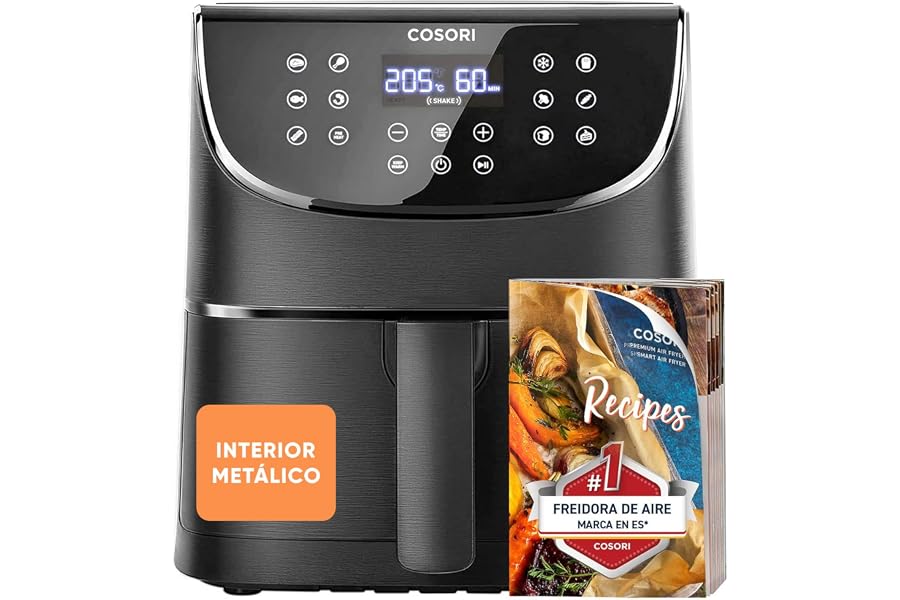 Cosori Freidora de Aire 5,7L Interior Metálico Real, Air Fryer Diseño Antióxido, Tecnología Calefacción Uniforme, 40 Recetas,