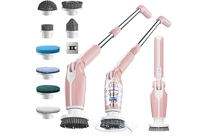 Leebein Cepillo Eléctrico Limpieza Hogar, 2024 Fregadora Giratoria Eléctrica con 8 Cepillo Reemplazables, Control Remoto, Mango Ajustable 38-132CM y 2 Velocidades de Rotación para Baño/Cocina/Coche