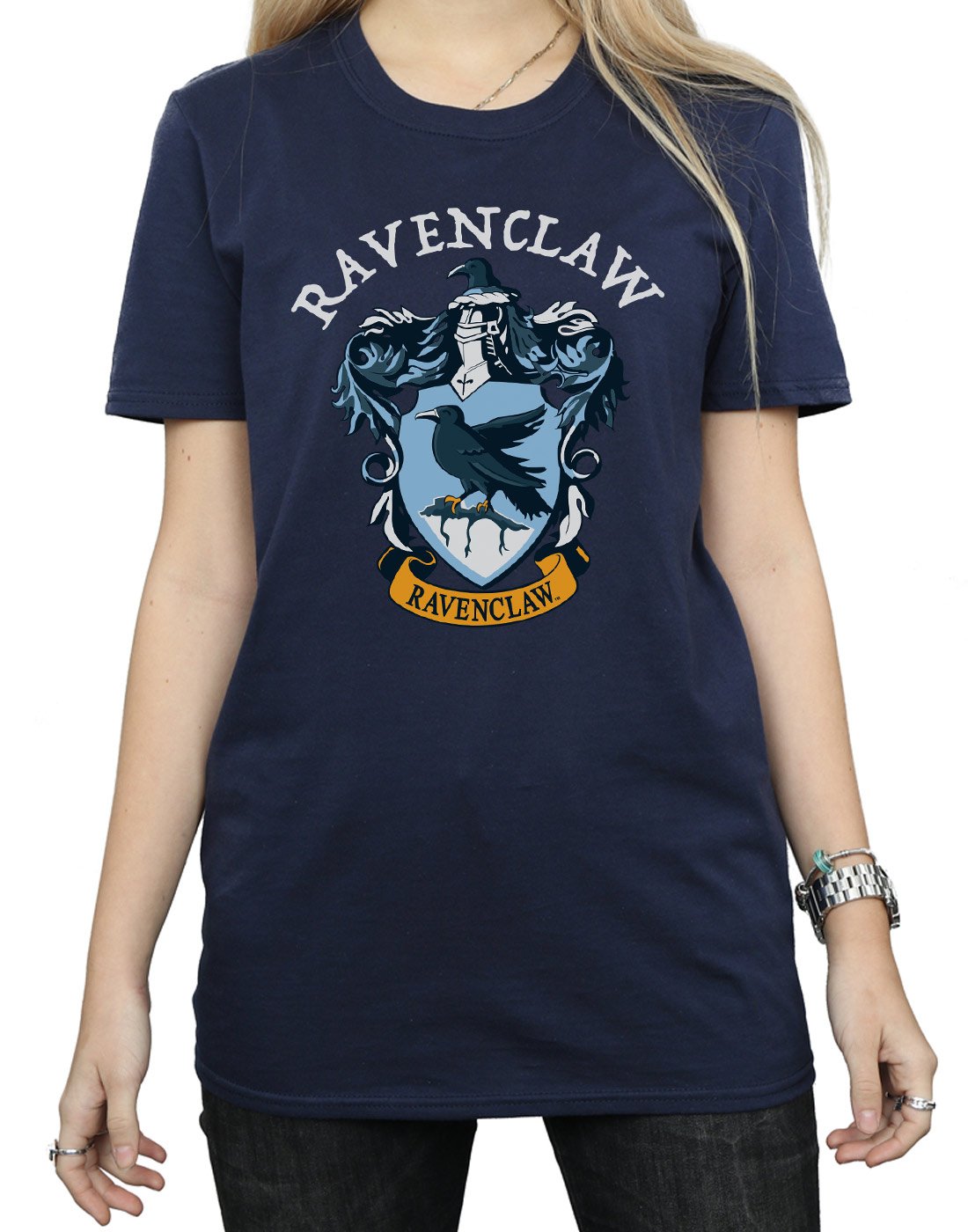 Absolute-Cult-Harry-Potter-Damen-Ravenclaw-Crest-Boyfriend-Fit-T-Shirt-Navy-Blau-Small