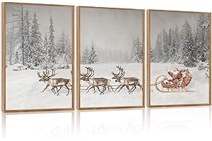 HPNIUB Christmas Framed Canvas Wall Art Set, Vintage Santa Claus with Sleigh Deer Wall Decoration for Home, Snowy Pine Trees Xmas Holiday Painting for Living Room Office Decor