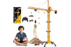 JONRRYIN Ferngesteuerte Turmkran 138 cm Höhe, 2,4 Hz 6 Kanäle RC Kran, 680 Grad Rotation Ferngesteuerte Baukran Tower Crane mit Lichter für Kinder (Gelb)