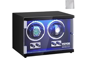 VEVOR Ładowarka do zegarków, podwójny automatyczny zegarek dla mężczyzn i kobiet, z 2 super cichymi japońskimi silnikami, niebieskimi światłami LED i adapterem, obudowa o wysokiej gęstości i czarna PU