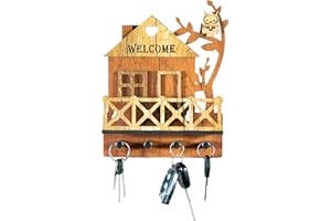 STICKY PANDA Key Holder for Wall Decorative-Wooden Key Organiser Key Hooks Wall Mounted for Home-Key Rack with 2 Way Installation Self Adhesive or Drilling (Village Theme)