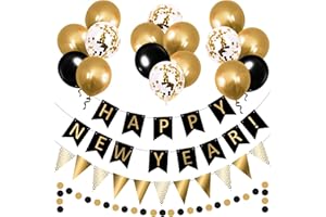 OHugs New Years Eve Decorations 2026 - Black and Gold Happy New Year Party Decoration Accessories with Happy New Year Banner, Gold Bunting, Circle Garland, Metallic Balloons and Black Balloons