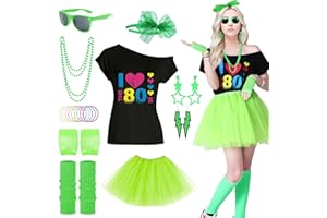 Maryparty Disfraz de los años 80 para mujer, conjunto de accesorios de disfraz de los años 80, camiseta con estampado de labios, falda tutú para adultos, diadema de encaje, aretes de neón, collar,