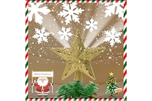MARSYU Árbol de Navidad con forma de estrella iluminada con proyector de copo de nieve LED giratorio, 3D dorado brillante, estrella hueca, luz nocturna de estrellas para decoración de árbol de Navidad,