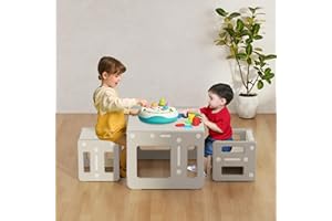 hoopyosms Set Tavolo e 2 Sedie per Bambini, Tavolo per Attività in Plastica per Bambini con Sgabelli, Tavolo e Sedie Cubiche Montessori, Mobili Educativi per Bambini Piccoli, Grigio