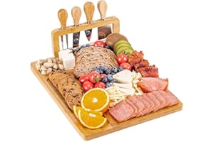 LATERN Juego de Tablas de Queso de Bambú, 35CM x 27CM Bandeja de Madera para Embutidos Tabla de Quesos con 4 Cuchillos para Queso, Set de Regalo Ideal para Navidad Bodas Acción de Gracias Fiesta