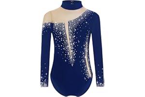 Yruioon Mädchen Turnanzug Glitzer Langarm Gymnastikanzug Strass Glänzend Eiskunstlauf Body Overall Sportbody Wettbewerb Tanzkostüm