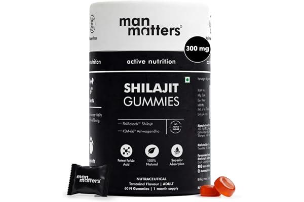 Man Matters Pure Shilajit/Shilajeet Gummies with Lab-Tested Fulvic Acid & KSM 66 Ashwagandha Boosts Fitness, Improves Energy Levels & Helps Manage Stress No Added Sugar Pack of 60