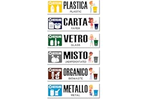 ^RTERBY'S Arterby's® - Adesivi Raccolta Differenziata - Bambini Grandi Piccoli Ricliclo Rifiuti Spazzatura v6 - Impermeabili Lavabili Esterno Interno - Italiano Inglese - Conformi UNI (15x4 cm, 6 Pezzi)