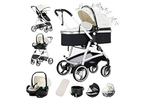 Gcarebb Passeggino in pelle PU 3 in 1, passeggini da città con seggiolino auto, portatile con un clic pieghevole, passeggino combinato paesaggistico, telaio in alluminio alto