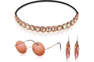 Weewooday 4 Pcs Set d’Accessoires de Costume Hippie Femme des Années 60 et 70 Inclure Lunettes Rondes Rétro Hippie Bandeau Boho Boucles d'Oreilles Pendantes de Plumes Longues