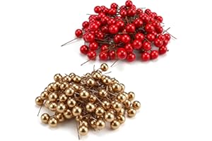 CHSEROK 200 Pezzi Bacche Rosse Natalizie, 10mm Bacche Rosse Finte, per Decorazioni Natalizie Fai da Te, Ghirlanda Fiori, Albero di Natale (Rosso e Oro)