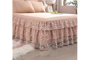 Odot Spitzenkanten Design Bettrock mit Rüschen, Solide Farbe Bettvolants Spannbettlaken mit Volant Matratzenschoner Spannbetttücher Weiche Spannbetttuch Bettlaken (Khaki-Farbe,180x200cm)