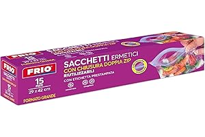 FRIO – 15 Sac Congélation ZIP 6L (taille L - 29x42 cm) Réutilisables et Hermétiques avec double ZIP, Sachets Plastiques Transparents pour Congélateur et Conservation des Aliments, Avec Étiquette