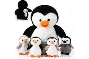 Harrycle Set 5 Juguetes de Peluche de Pingüino 1 Peluche de Pingüino Mamá 4 Bonitos Bebés en Vientre Animal de Peluche de Pingüino 35 cm Suave para Niños Valentín Regalo Cumpleaños (Estilo Bonito)
