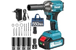 Uaoaii Clé à Chocs Sans Fil Brushless, Electrique 550Nm avec Grande Batterie 4.0Ah 21V et Adaptateur Visseuse à Chocs avec 5 Douilles 8 Mèches Boulonner Déboulonner sans Effort