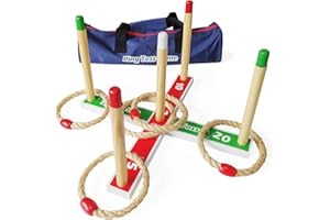 JACJOE ALL PRO wooden Ring Toss Games - Quoits Games set 5pcs rope rings with Carry Bag