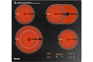 Topwish Vitrocerámica, Vitroceramica 4 fuegos, Placa vitrocerámica onas duales y ovaladas, encimera empotrada con cierre a prueba de niños, indicador de calor residual, temporizador, 59 cm, 6600W