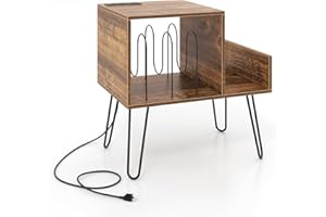 Multigot Record Player Stand with Charging Station, Wooden Turntable Stand Holds Up to 145 Albums with Metal Legs and Removable Dividers, Vinyl Record Storage Cabinet for Living Room (Rustic Brown)