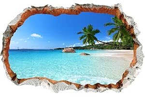 WandSticker4U®- 3D Stickers muraux ÎLE DE VACANCES (60x90 cm) I autocollant sticker mural paysage plage mer océan palmier I Déco pour salon chambre cuisine couloir porte entrée adulte