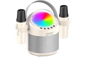 EVINYEP Portabelles Karaoke Maschine, 15W Tiefer Bass Mini Karaoke Lautsprecher mit 2 Kabellosen Mikrofonen, LED Party Lichtern, 5 Toneffekten, Perfekte Singing Geschenke für Kinder und Erwachsene
