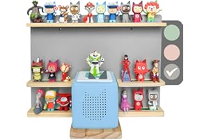 Chedin Large Magnetic Wooden Shelf for Toniebox – Wall Mounted Display Organizer for 60+ Tonies Figures, Solid Pine Kids Room Storage Rack for Nursery & Playroom (Grey small)