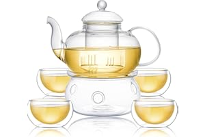 CNGLASS Théière en verre de 1000 ml avec infuseur amovible, bouilloire à thé compatible avec la cuisinière avec lot de 4 tasses à thé en verre de 100 ml et chauffe-thé en verre de 13,5 cm de diamètre