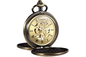 TREEWETO Reloj de Bolsillo Retro Liso clásico mecánico de Cuerda Manual Steampunk números Romanos Reloj de Bolsillo para Hombre Mujer con Caja de Cadena