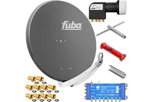 Fuba 8 Teilnehmer Digital SAT Anlage 85cm Schüssel DAA850A Anthrazit + hb-digital UHD 414 S Quattro LNB 0,1dB HDTV 4K + UHD-MS 5/8 Multischalter + Aufdreh-Set + 24 vergoldete F-Stecker Gratis dazu