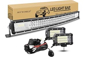 SKYWORLD 32 inch 405W Curved LED Light Bar with 2 Pcs 5 inch 135W Flood Led Pods Driving Lights and 12V Wiring Harness Kit 2 Leads for 4x4 Car Off Road Trucks SUV, 6000K Fog Lamp