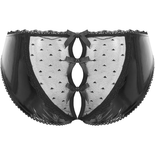Slip Femme Cuir Brillant Dentelle - Entrejambe Ouverte - String Érotique - Lingerie Noir - Taille Basse Élastique