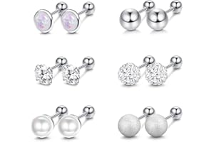 JeweBella 6 Paia Orecchini Piccoli Acciaio Chirurgico Donna Uomo, Piercing Orecchio Trago, Orecchini a Bottone Cartilagine, Barbell Piercing CZ Punto Luce Orecchini Anallergici 4MM/6MM/7MM/8MM