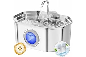 Fontanella per gatti,Apauk 3.2L fontanella per gatti acciaio Inox, Ultra silenziosa,con finestra LED, sistema di filtraggio multistrato (con 2 filtri & 2 spugne S)