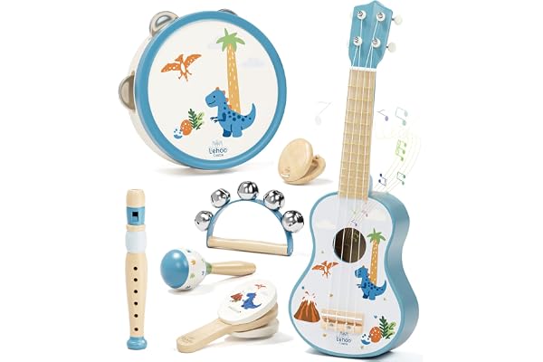 Lehoo Castle Guitare Enfant 2 3 Ans avec Instruments de Musique, Ukulélé en Bois avec Tambourin, Flûte, Maracas et Hochet, Montessori Jouet Musical Educatif Jeux