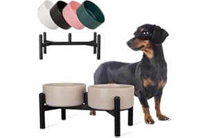 PTOBER Gamelle pour Chien Surélevée en Ceramique - Double Bol avec Support en Acier Inoxydable - Gamelles Surélevées pour Petits et Moyens Chiens - 850 ML x 2 - Gris